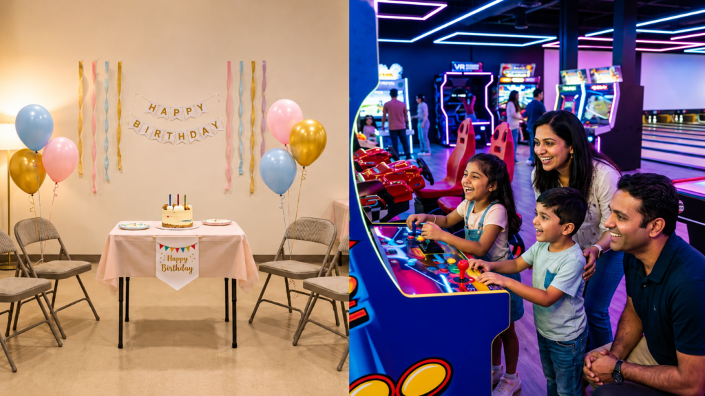 birthday party hall for kids in Gurgaon compared with a gaming zone in Gurgaon where Indian children enjoy arcade games, bowling, and birthday fun