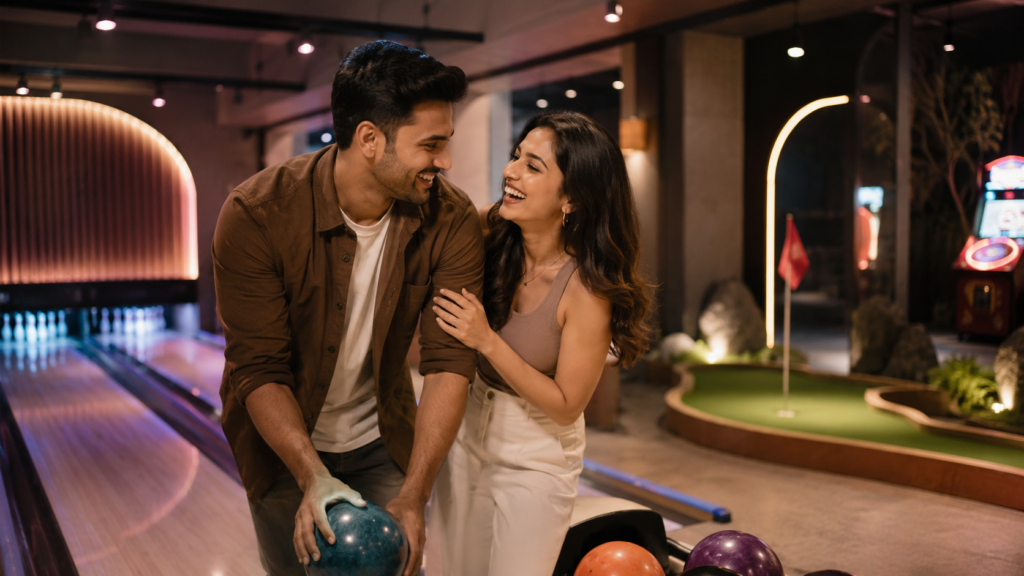 Indian couple enjoying a fun date night at a gaming zone in Gurgaon with bowling and mini golf activities.