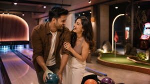 Indian couple enjoying a fun date night at a gaming zone in Gurgaon with bowling and mini golf activities.