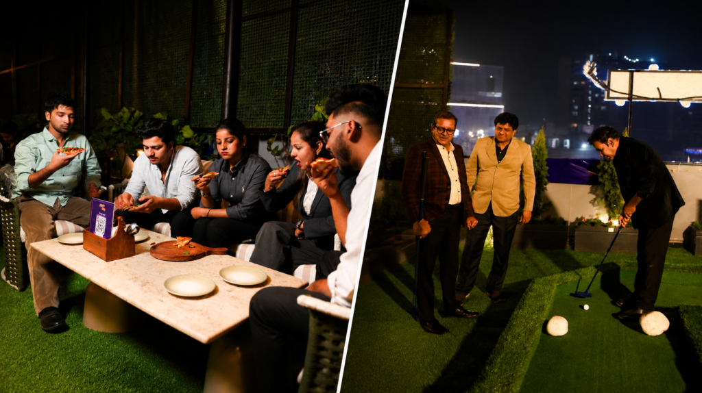 split rooftop collage showing friends enjoying pizza and casual dining on one side and men playing mini golf under city lights on the other side at Rumble Zone Gurgaon