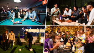 Collage of Rumble Zone in Gurgaon showing friends playing pool, guests enjoying food, mini golf, and a birthday celebration.