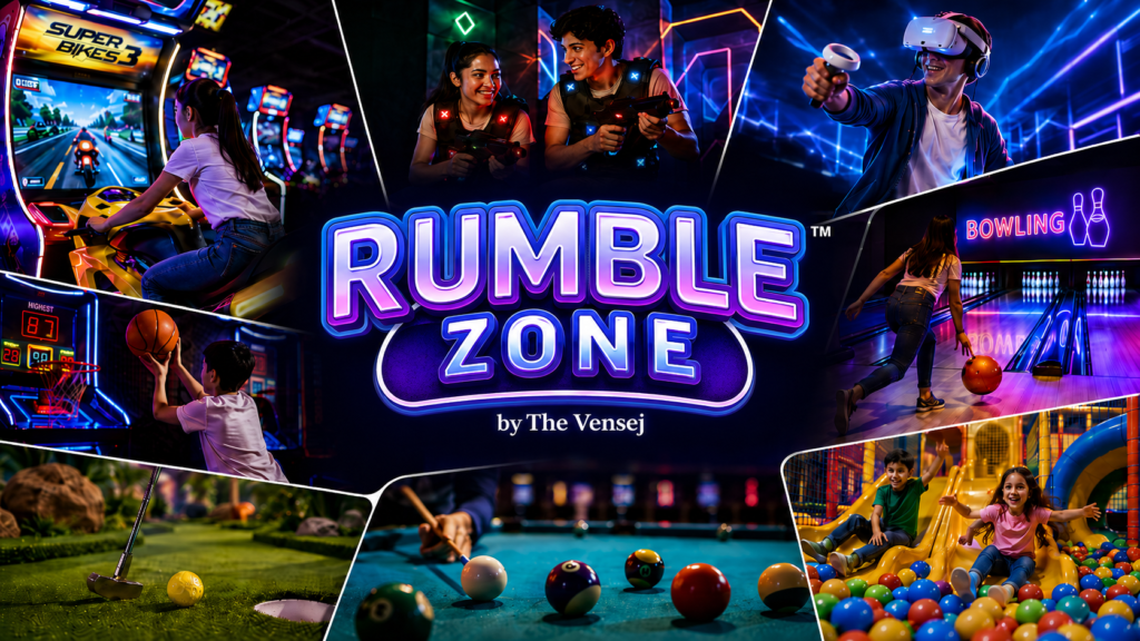 Rumble Zone, the best gaming zone in Gurugram, featuring arcade games, VR, bowling, laser tag, mini golf, pool, basketball, and soft play.