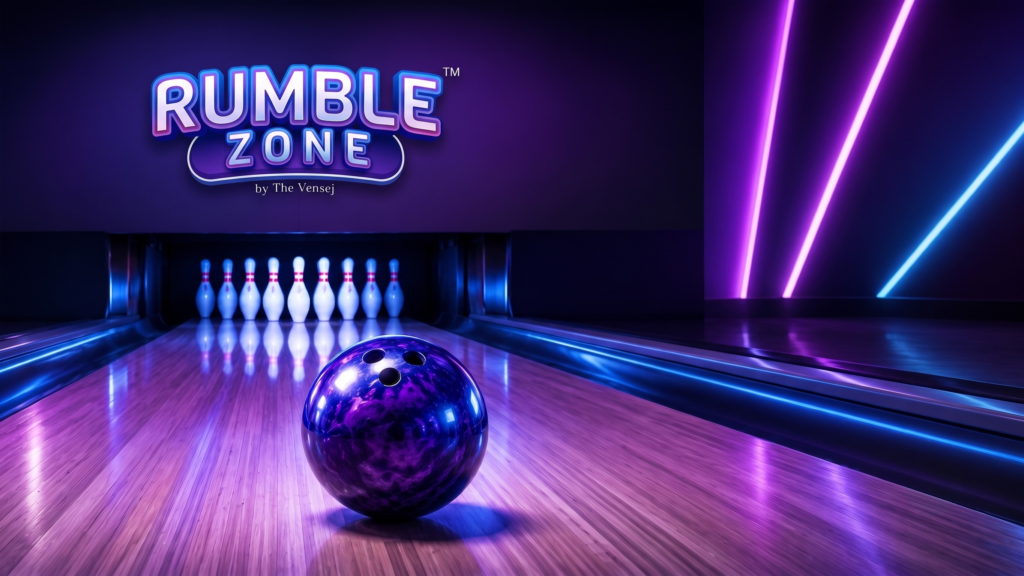 Bowling in Gurgaon at Rumble Zone with neon lights, bowling ball, pins, and a vibrant indoor entertainment ambience.