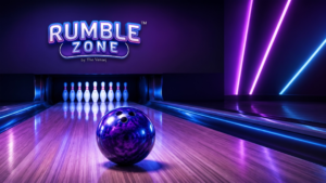 Bowling in Gurgaon at Rumble Zone with neon lights, bowling ball, pins, and a vibrant indoor entertainment ambience.