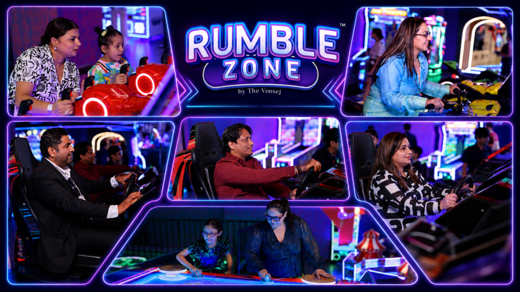 Families enjoying racing and arcade games at Rumble Zone, a gaming zone for families in Gurgaon.