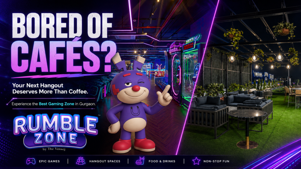 Rumble Zone Gaming Zone in Delhi NCR featuring arcade games, mascot and rooftop hangout space