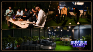 Office party venues in Gurgaon with rooftop seating, mini golf, food, and team celebration experiences at Rumble Zone.