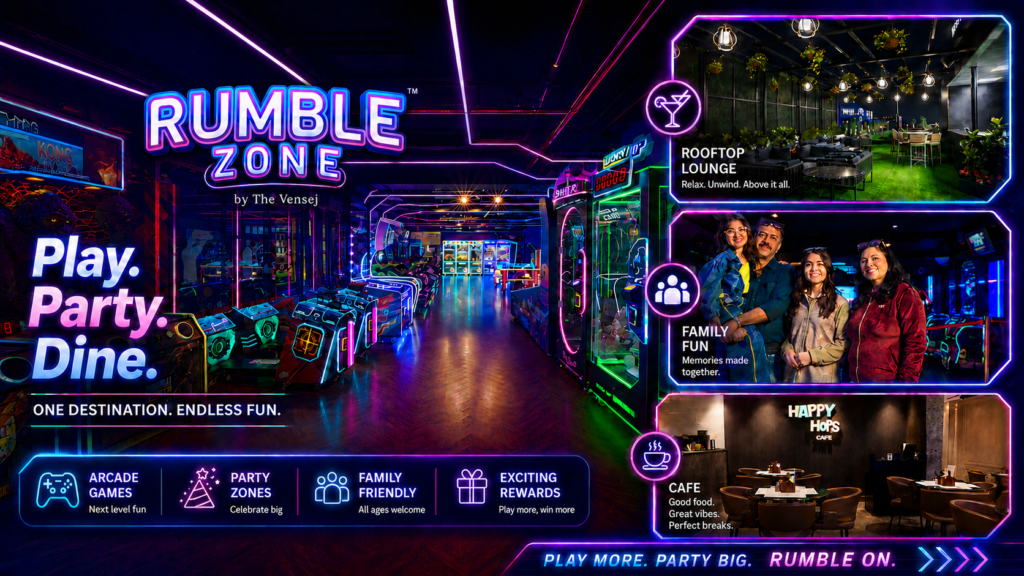 Party hall in Gurgaon at Rumble Zone with arcade games, rooftop lounge, café, family fun, and party zones