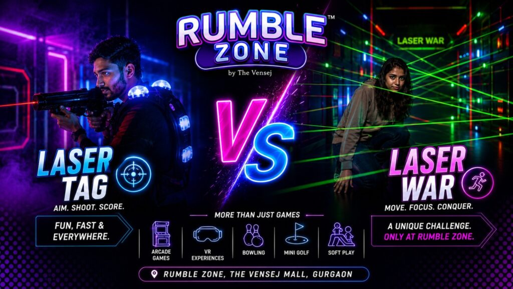 Laser War in Gurgaon vs Laser Tag comparison at Rumble Zone showing a laser maze challenge and laser shooting game.