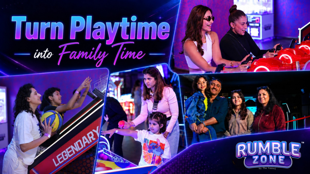 Parents and teenagers enjoying arcade games together at Rumble Zone, a family-friendly gaming zone in Gurgaon promoting quality family time.
