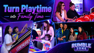 Parents and teenagers enjoying arcade games together at Rumble Zone, a family-friendly gaming zone in Gurgaon promoting quality family time.