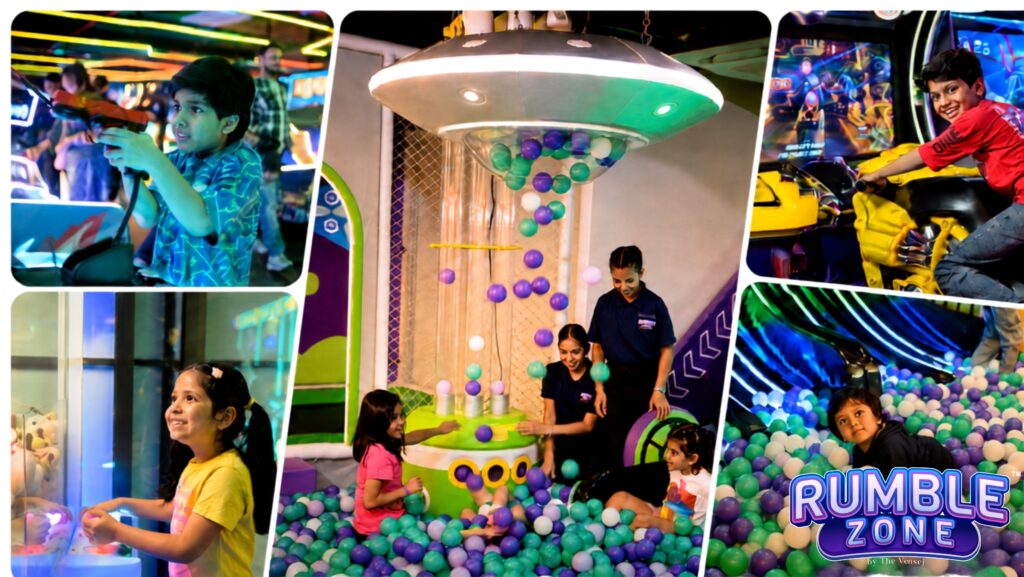 Children enjoying arcade games, racing rides and a colourful ball pit at the best playzone for kids in Gurgaon, Rumble Zone.