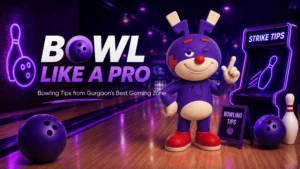 Rumble Zone mascot sharing professional bowling tips at a bowling alley in Gurgaon