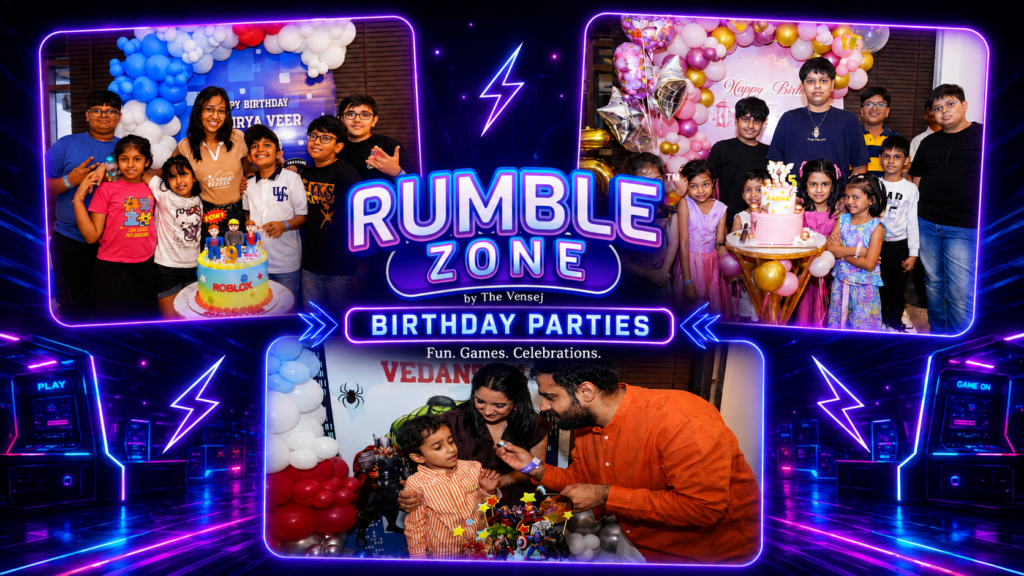 Kids celebrating at a birthday party hall for kids in Gurugram at Rumble Zone with arcade games, VR, bowling and party activities.