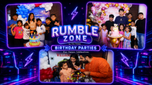 Kids celebrating at a birthday party hall for kids in Gurugram at Rumble Zone with arcade games, VR, bowling and party activities.