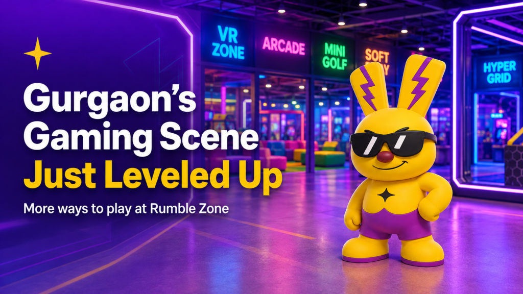 Rumble Zone mascot inside one of the vibrant gaming zones in Gurgaon featuring VR, arcade, mini golf, soft play and Hyper Grid.