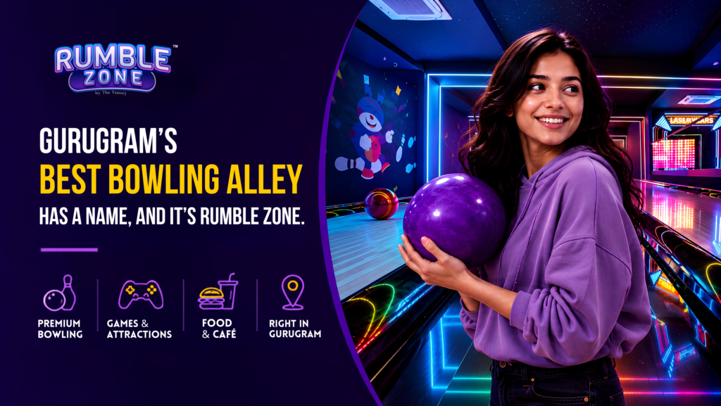 Bowling in Gurugram at Rumble Zone featuring a woman holding a bowling ball inside a vibrant premium bowling alley.