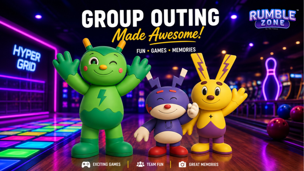 Friends enjoying a group outing at Rumble Zone in Gurgaon with Hyper Grid, bowling, arcade games, and interactive indoor entertainment.