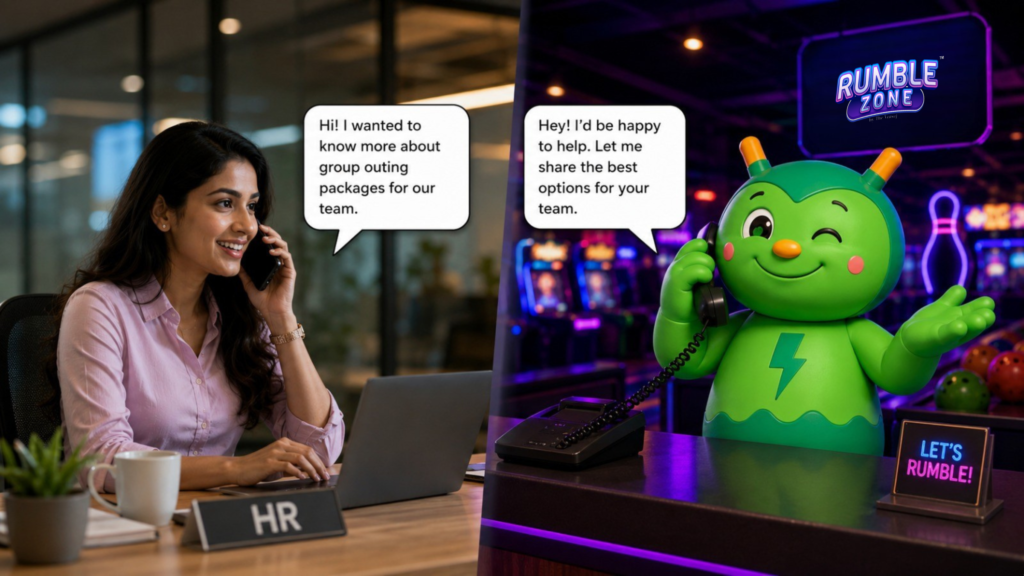 HR professional discussing corporate team outing packages with Rumble Zone for an office party in Gurgaon.