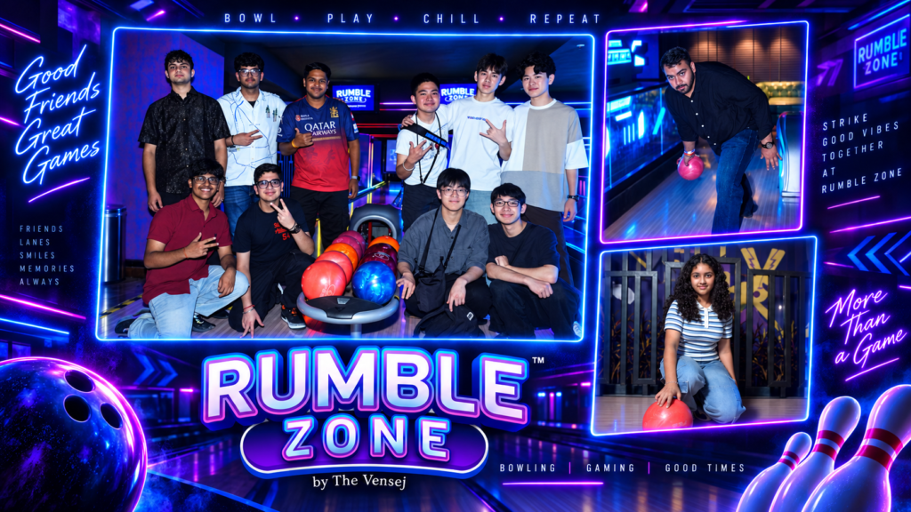 College friends enjoying bowling in Gurgaon at Rumble Zone gaming and entertainment zone.
