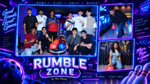 College friends enjoying bowling in Gurgaon at Rumble Zone gaming and entertainment zone.