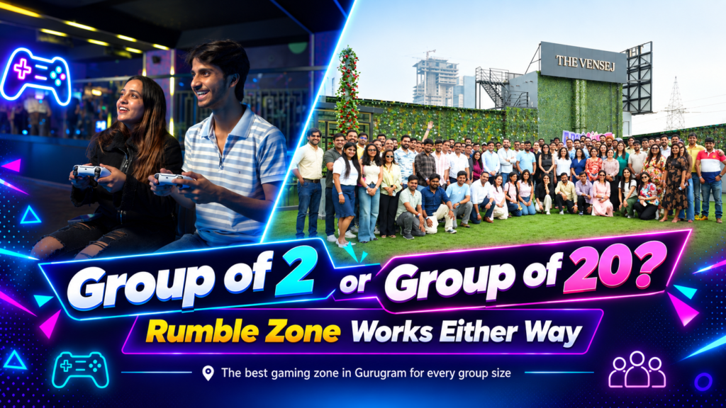 Group of 2 or group of 20 enjoying Rumble Zone, the best gaming zone in Gurugram for small and large groups.
