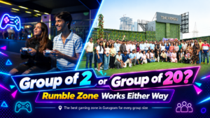 Group of 2 or group of 20 enjoying Rumble Zone, the best gaming zone in Gurugram for small and large groups.