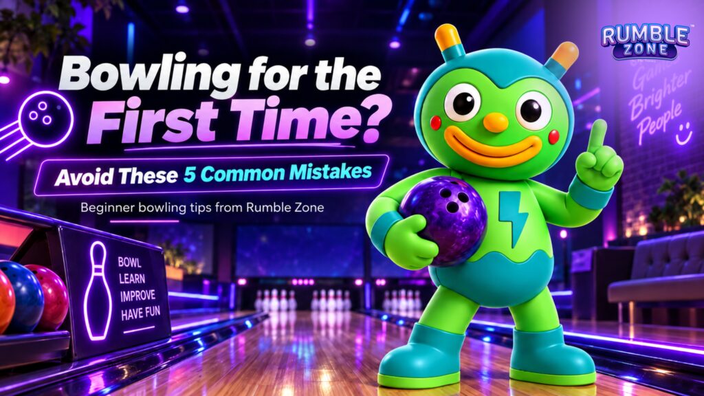 Rumble Zone mascot holding a bowling ball with beginner bowling tips at a neon bowling alley in Gurgaon.