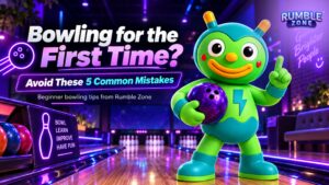 Rumble Zone mascot holding a bowling ball with beginner bowling tips at a neon bowling alley in Gurgaon.