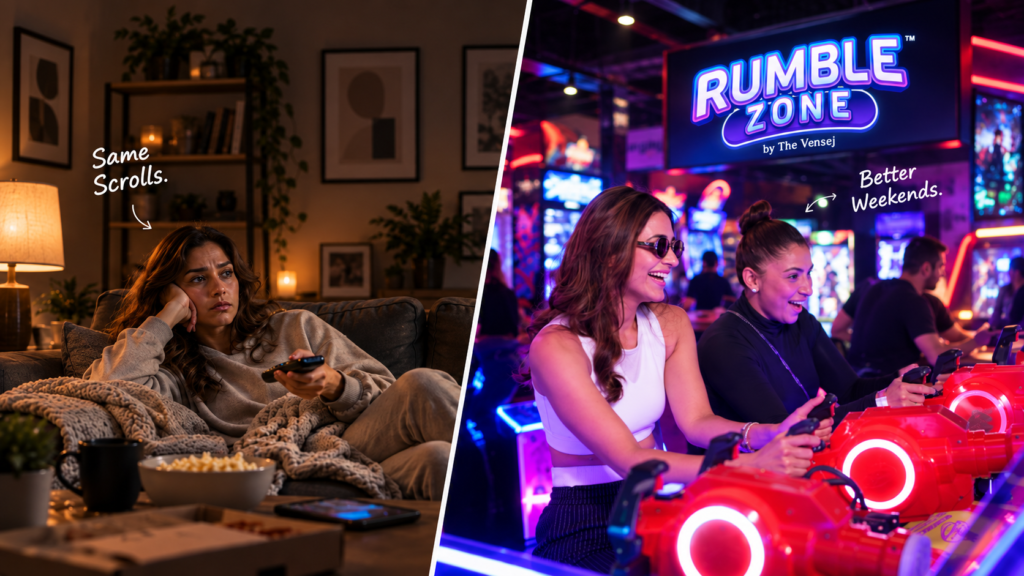 Woman relaxing at home versus friends enjoying arcade games at Rumble Zone, a gaming zone in Gurgaon.