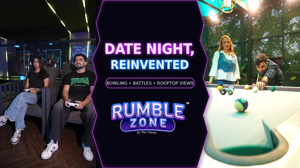 Couple enjoying gaming and pool at Rumble Zone, the best playzone in Gurugram for a fun date night.