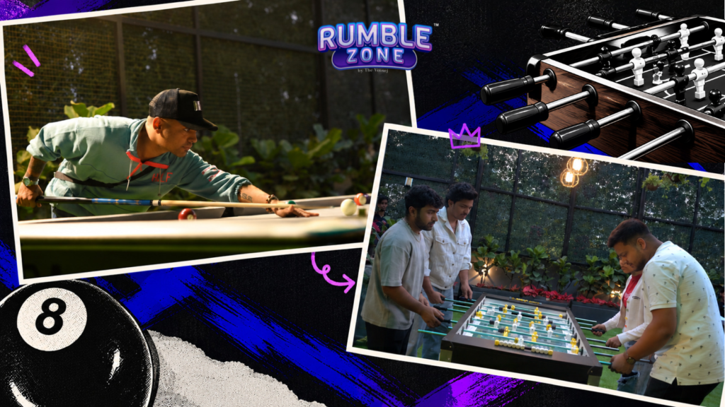 Pool and foosball games at Rumble Zone, a popular gaming zone in Gurgaon, featuring exciting indoor games and friendly competition.