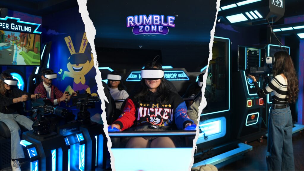 Players enjoying VR Super Agent, VR Super Armor and VR Super Gatling at Rumble Zone, a VR Gaming Zone in Gurugram.