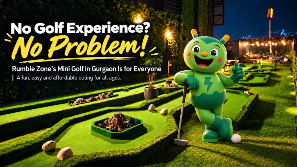 Best mini golf in Gurgaon at Rumble Zone, featuring a cheerful green mascot holding a golf putter on a vibrant mini golf course.