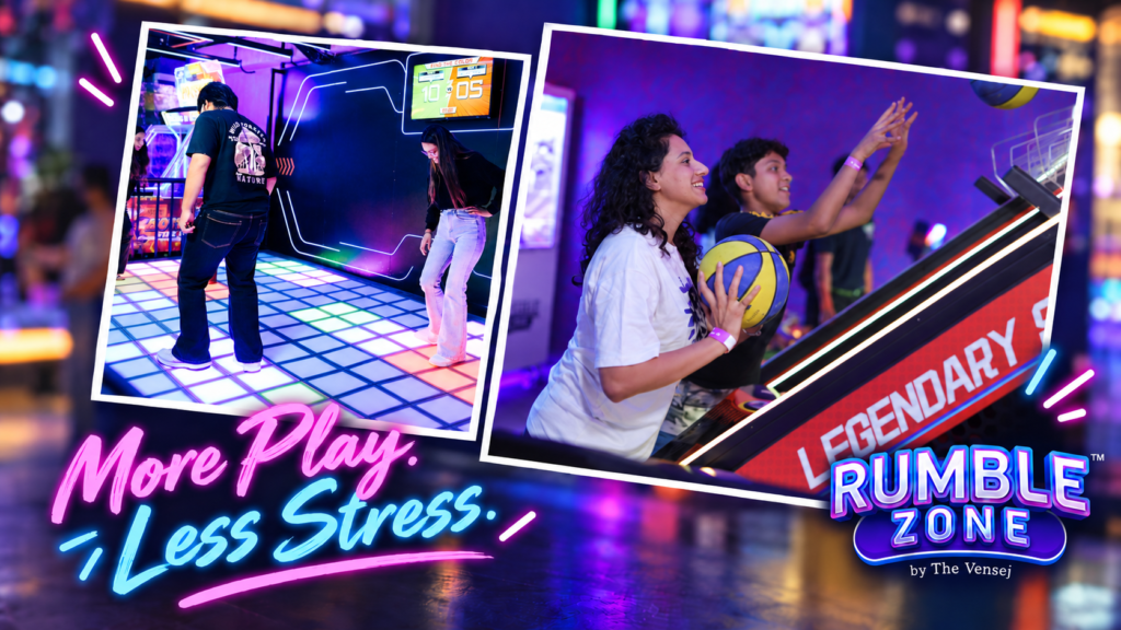 Friends enjoying interactive arcade games at Rumble Zone, a gaming zone in Gurgaon